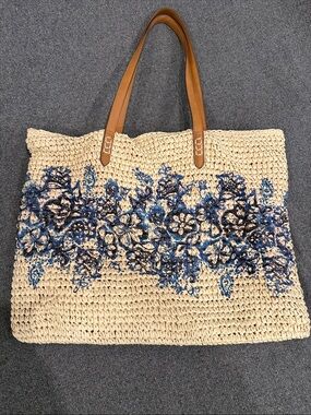 Style and Co Handwoven Straw Tote with Blue Floral Embroidery